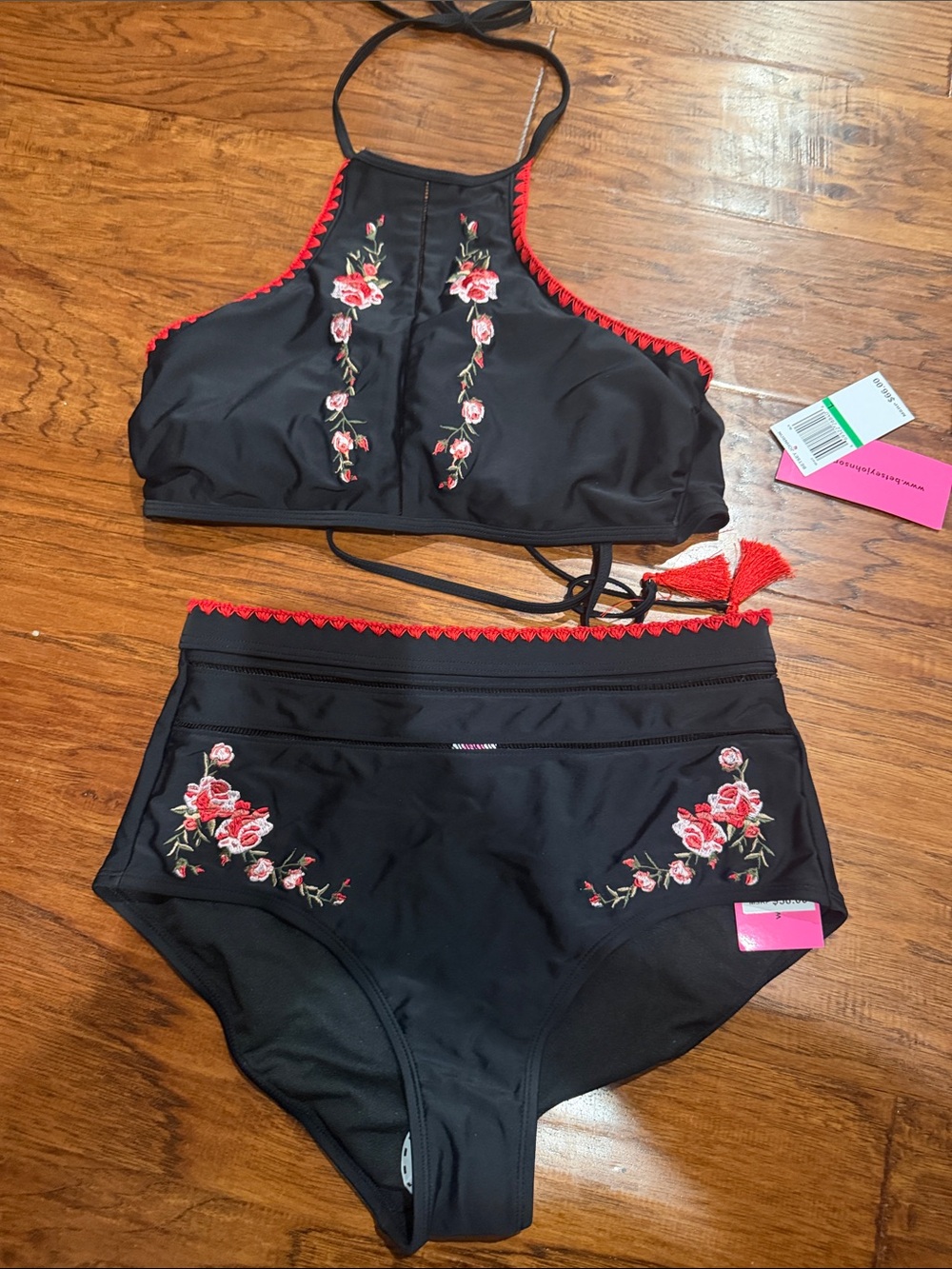 Betsey Johnson Black Bikini Set with Red Floral Embroidery